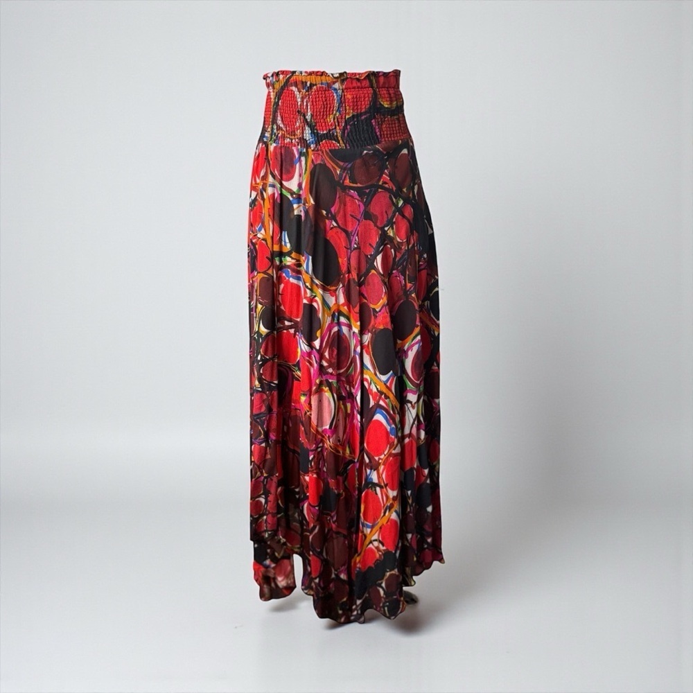 BL^NK London XS 100% Viscose Red Abstract Print Maxi Skirt Boho Smocked Waist